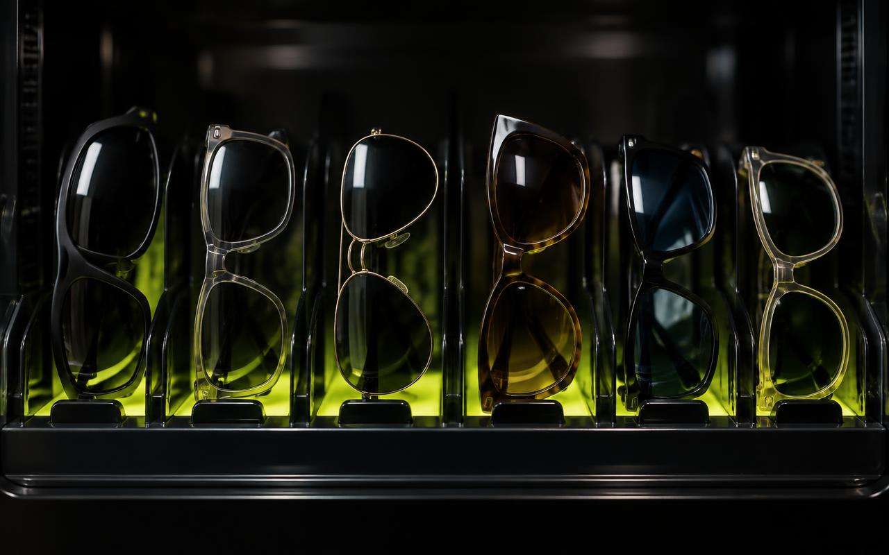 A row of sunglasses backlit with lime light on a shelf inside a machine